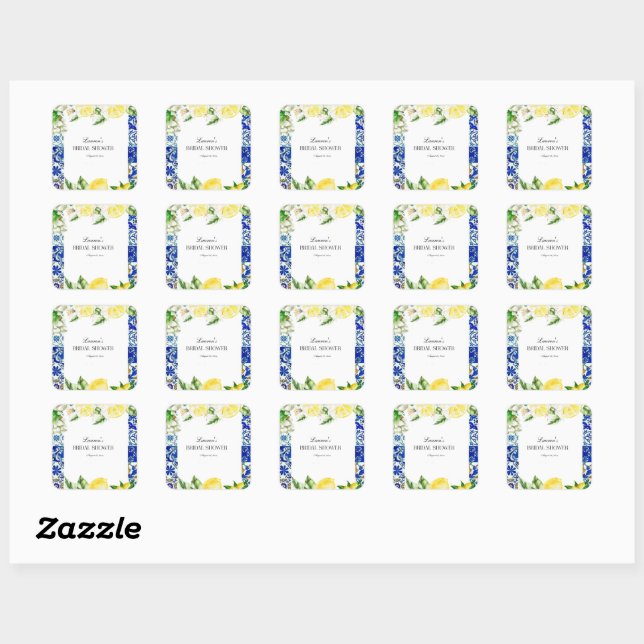 Blue Tile Lemon Italian Bridal Shower  Square Sticker (Sheet)