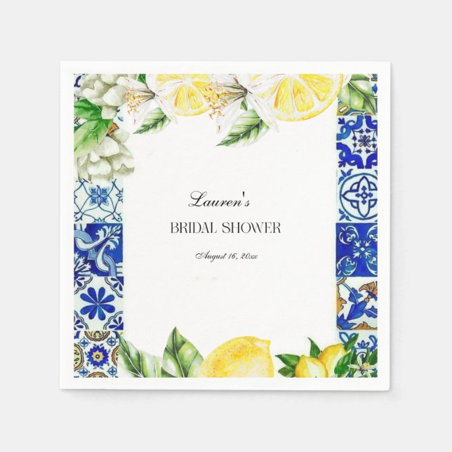 Blue Tile Lemon Italian Bridal Shower welcome Napkins (Front)