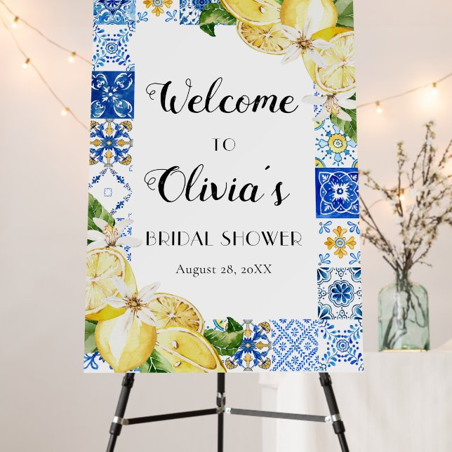 Blue Tile Lemon Italian Bridal Shower Welcome Sign (In Situ (Stand))