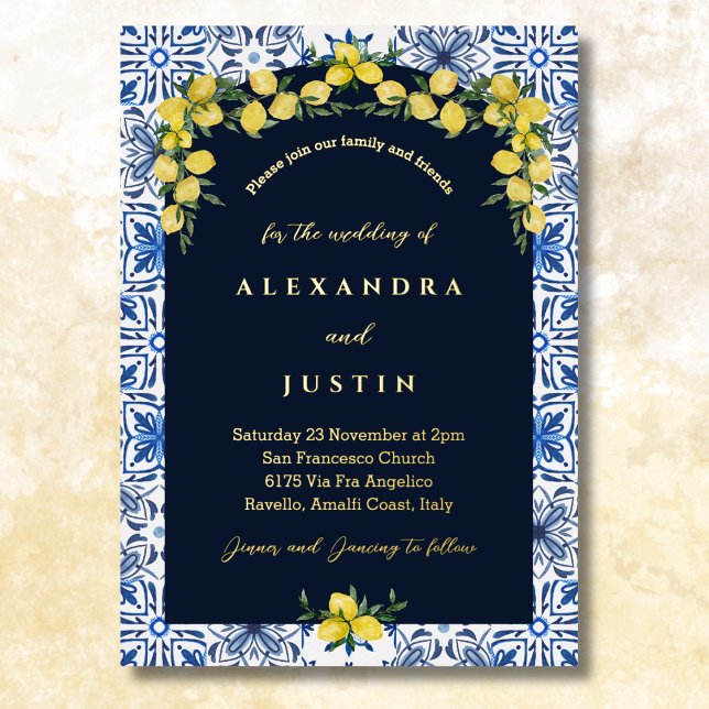 Blue Tile Lemon Italian Mediterranean Wedding Foil Invitation (Creator Uploaded)