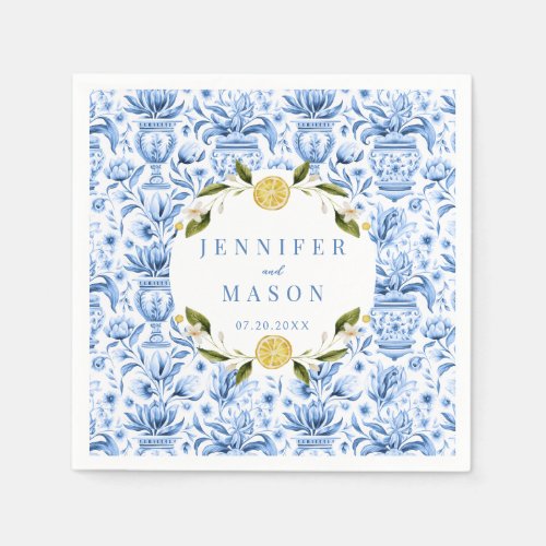 Blue tile lemon Italian wedding paper napkins