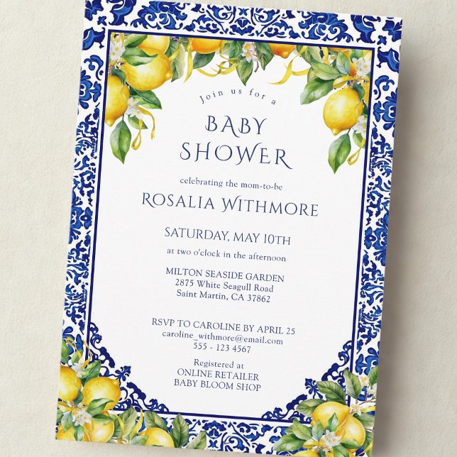 Blue Tile Lemon Mediterranean Baby Shower Invitation (Creator Uploaded)