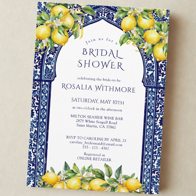 Blue Tile Lemon Mediterranean Bridal Shower Invitation (Creator Uploaded)