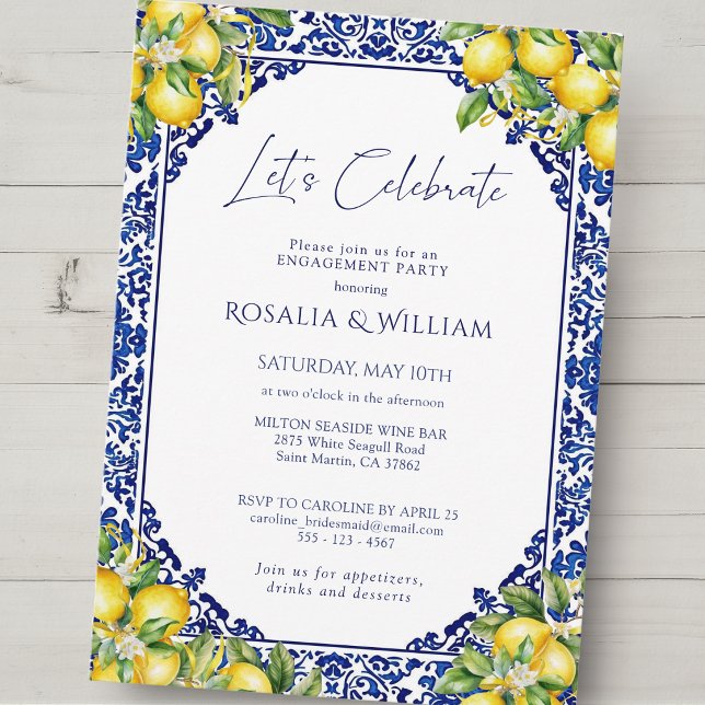 Blue Tile Lemon Mediterranean Engagement Party Invitation (Creator Uploaded)