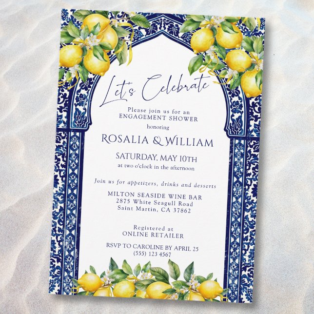 Blue Tile Lemon Mediterranean Engagement Shower Invitation (Creator Uploaded)