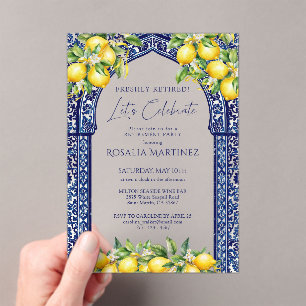 Blue Tile Lemon Mediterranean Retirement Party Acrylic Invitations