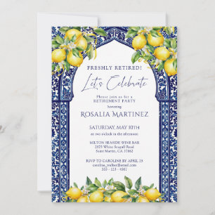 Blue Tile Lemon Mediterranean Retirement Party Invitation