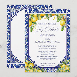 Blue Tile Lemon Mediterranean Retirement Party Invitation