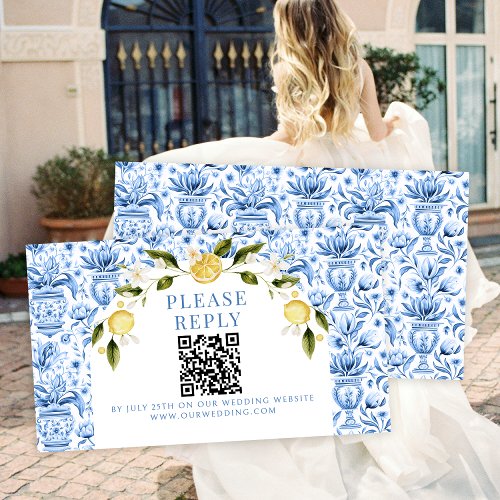 Blue tile lemon Mediterranean wedding rsvp QR Enclosure Card