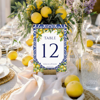 Blue Tile Lemon Mediterranean Wedding Table Number