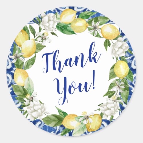 Blue Tile Lemon Thank You Classic Round Sticker