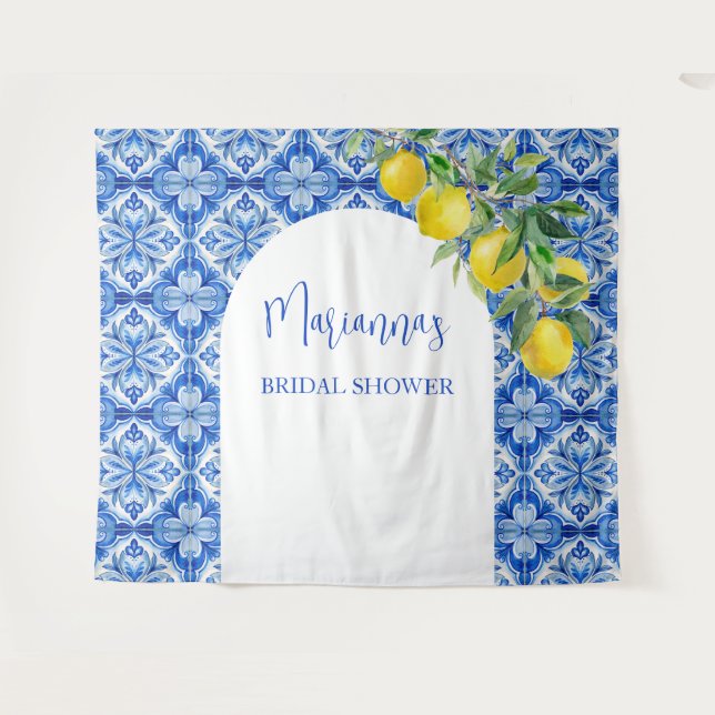 Blue tile lemon thats amore bridal shower backdrop (Front (Horizontal))