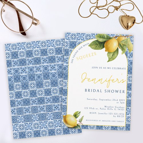 Blue tile Lemon theme Main squeeze Bridal Shower Invitation