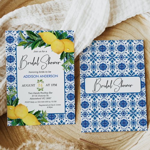Blue Tile Lemon Themed Bridal Shower Invitation