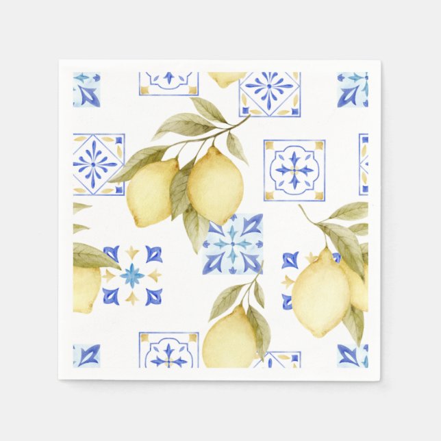 Blue Tile & Lemon Wedding Paper Napkins (Front)