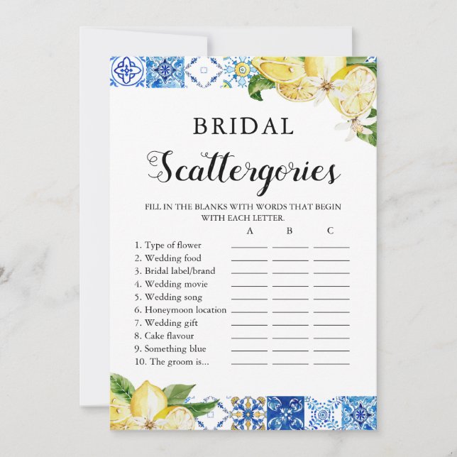 Blue Tile Lemons Citrus Bridal Scattergories Game Invitation (Front)