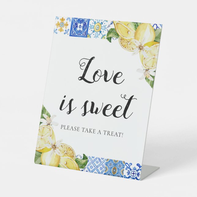 Blue Tile Lemons Love is Sweet Treat Favor Sign (Front)
