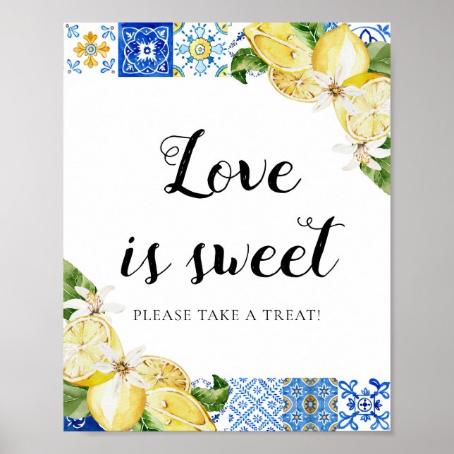 Blue Tile Lemons Love is Sweet Treat Favor Sign (Front)