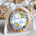 Blue Tile Lemons Script Thank You Bridal Shower Classic Round Sticker<br><div class="desc">Mediterranean-inspired design with bright blue and yellow Italian Amalfi coast-style tiles with watercolor-painted lemons and faux gold glitter circle frame.</div>