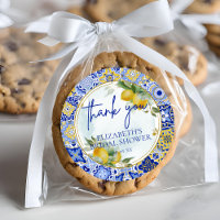 Blue Tile Lemons Script Thank You Bridal Shower Classic Round Sticker