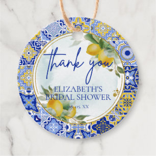 Blue Tile Lemons Script Thank You Bridal Shower Favor Tags