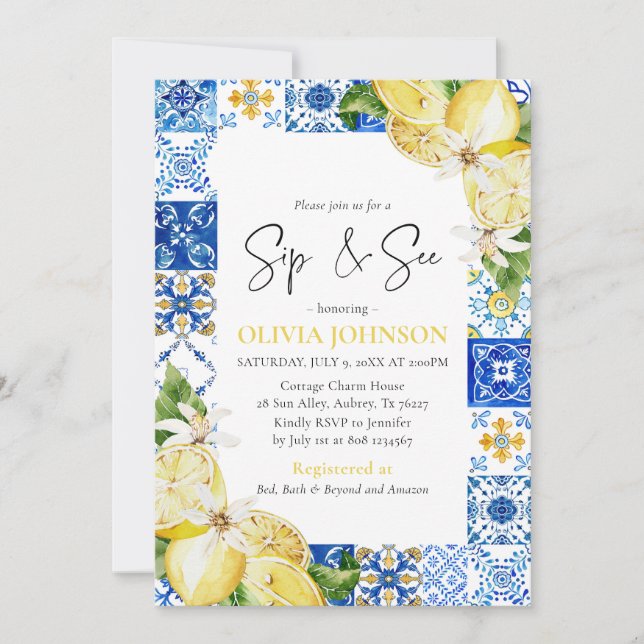 Blue Tile Lemons Sip & See Baby Shower Invitation (Front)