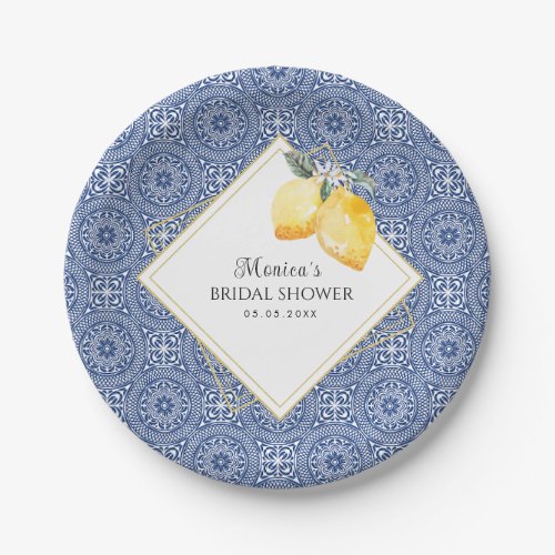 Blue Tile  Lemons Spanish Italian Bridal Shower Paper Plates