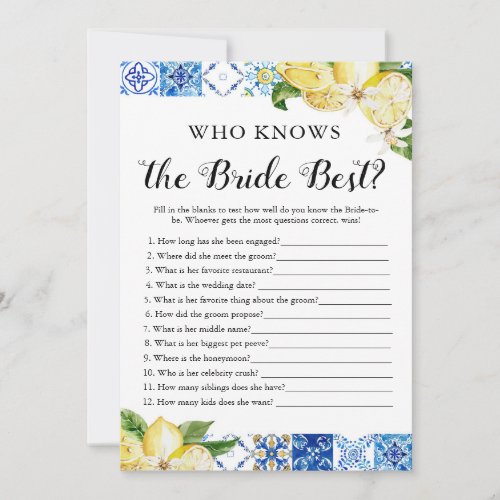 Blue Tile Lemons Who Knows The Bride Best Game Invitation