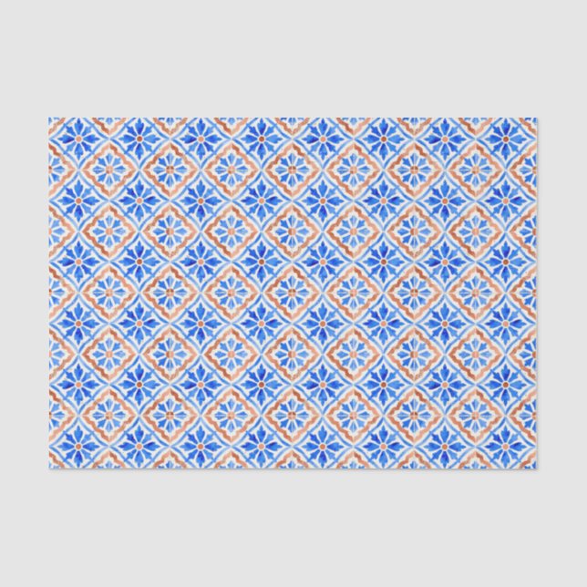 Blue Tile Mediterranean Amalfi Coastal Geometric Tissue Paper (Front)