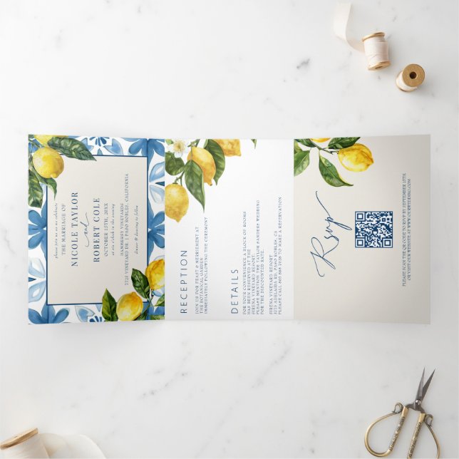 Blue Tile | Mediterranean | Lemon Wedding Invite (Inside)
