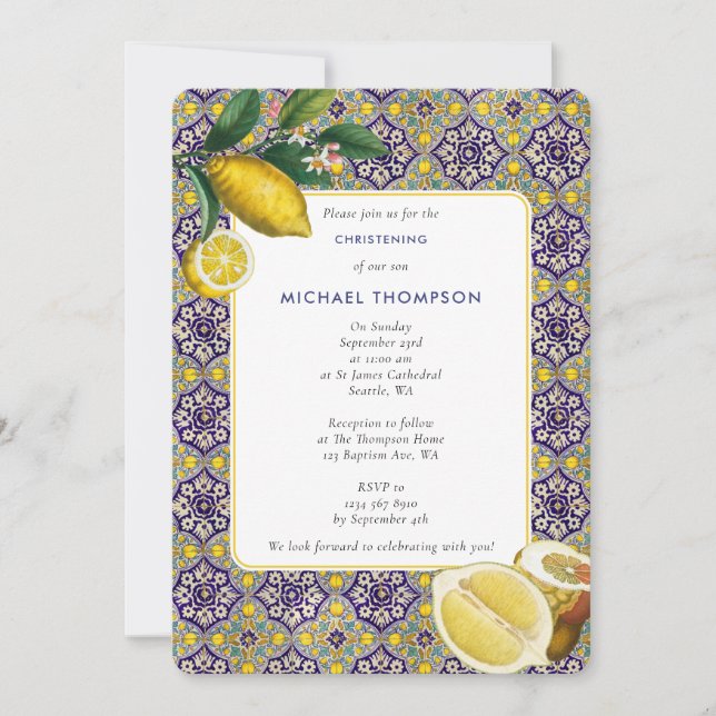 Blue Tile Mediterranean Lemons Christening Baptism Invitation (Front)