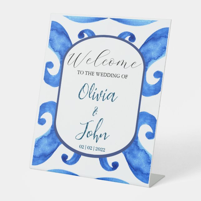 Blue tile Mediterranean wedding welcome sign (Front)
