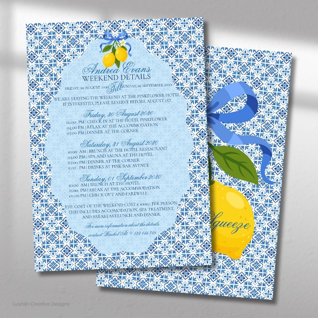 Blue Tile Mediterranean with Lemons Bridal Shower Invitation (Creator Uploaded)