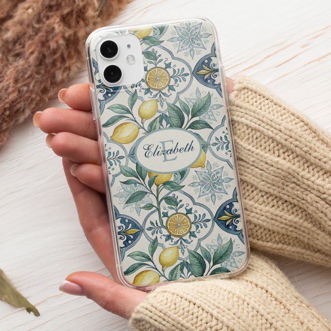 Blue Tile Monogram French Country Lemon Pattern Case-Mate iPhone Case (Creator Uploaded)