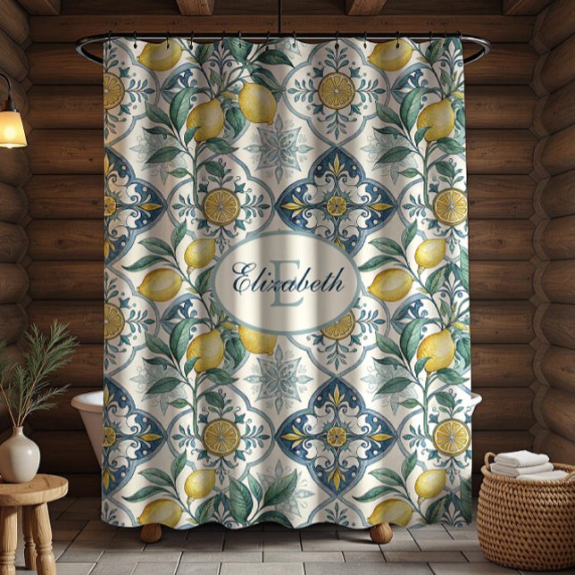 Blue Tile Monogram French Country Lemon Pattern Shower Curtain (Creator Uploaded)
