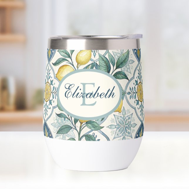 Blue Tile Monogram French Country Lemon Pattern  Thermal Wine Tumbler (Creator Uploaded)