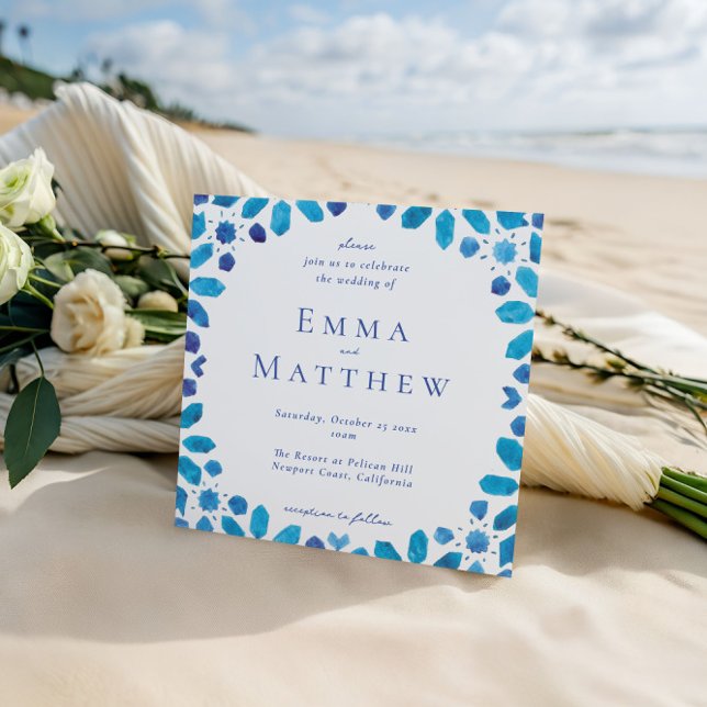 Blue Tile Moroccan Geometric Square Wedding Invitation (Creator Uploaded)