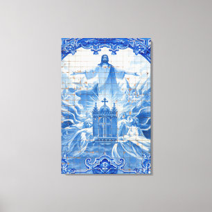 Blue tile mosaic of jesus, Portugal Canvas Print