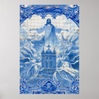 Blue tile mosaic of jesus, Portugal Poster