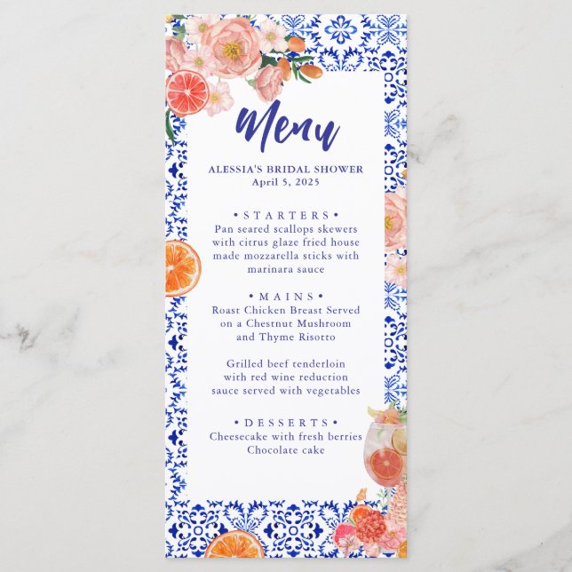 Blue Tile Orange Italian Bridal Shower Menu Card (Front)