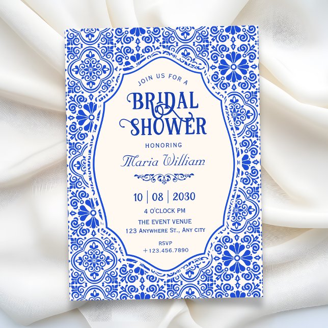 Blue tile pattern art bridal shower invitation (Creator Uploaded)