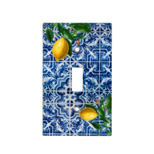 Blue Tile Pattern Lemon Summer Light Switch Cover