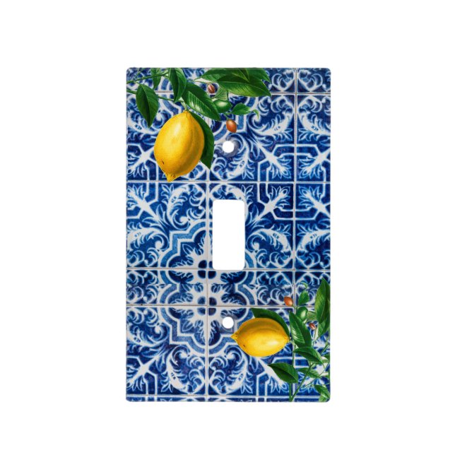 Blue Tile Pattern Lemon Summer Light Switch Cover (Front)
