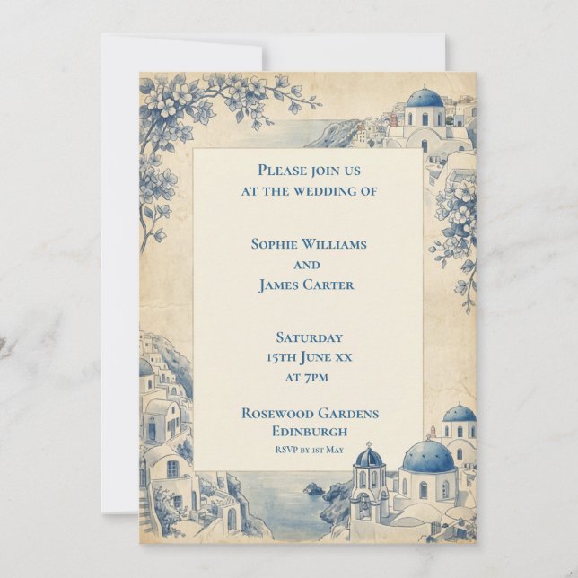 Blue Tile Santorini Border Wedding Invitation (Front)