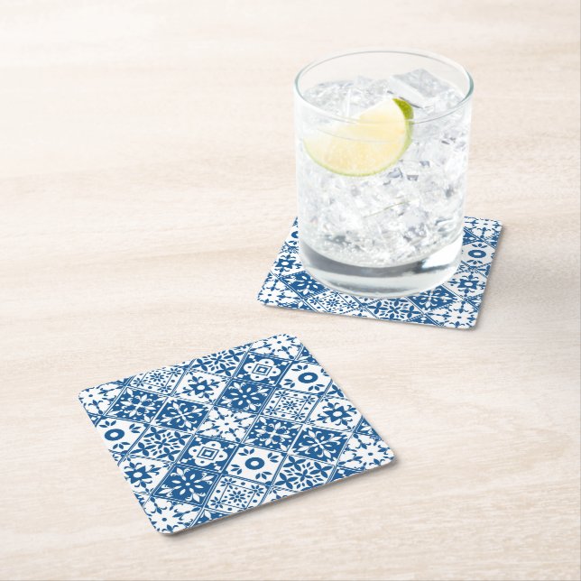 Blue Tile Santorini Greek/ Spanish themed Square Paper Coaster (Insitu)