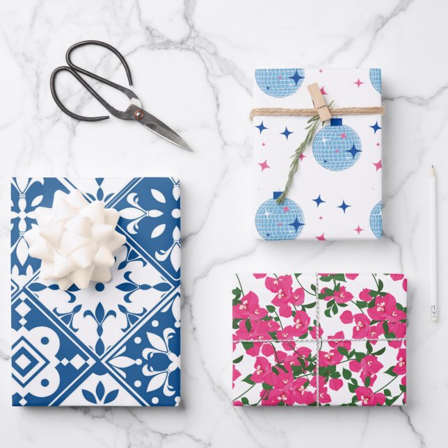 Blue Tile Santorini Greek/ Spanish themed Wrapping Paper Sheets (Front)