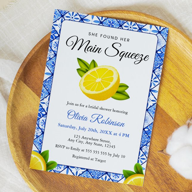 Blue Tile She Found Her Main Squeeze Bridal Shower Invitation (Mediterranean She Found Her Main Squeeze Bridal Shower Invitation)