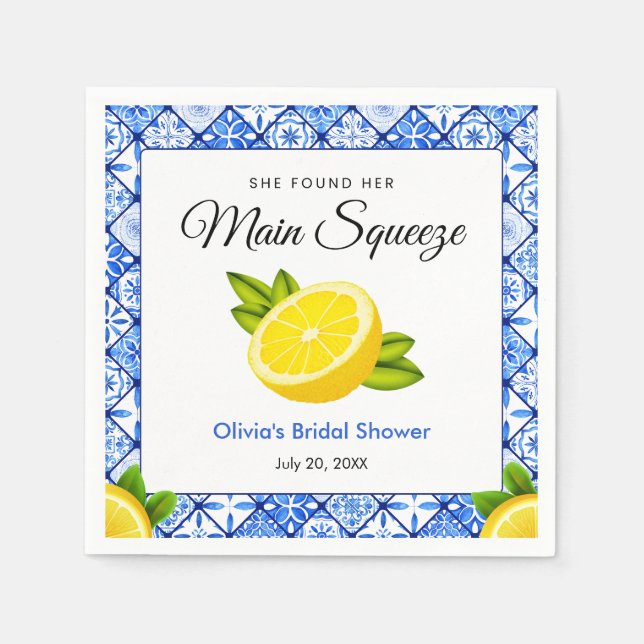 Blue Tile She Found Her Main Squeeze Bridal Shower Napkins (Front)
