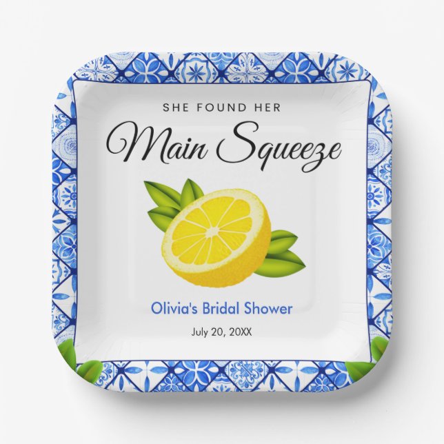 Blue Tile She Found Her Main Squeeze Bridal Shower Paper Plates (Front)