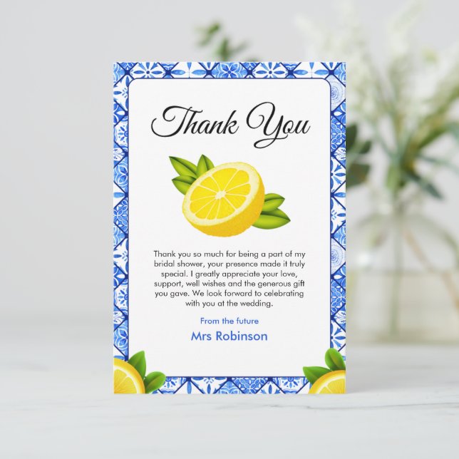 Blue Tile She Found Her Main Squeeze Bridal Shower Thank You Card (Standing Front)